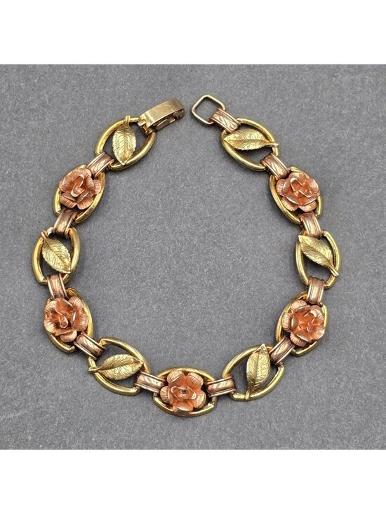 Krementz Jewelry - Vintage Krementz Rose Yellow Gold Filled Floral Link Statement Bracelet 7"